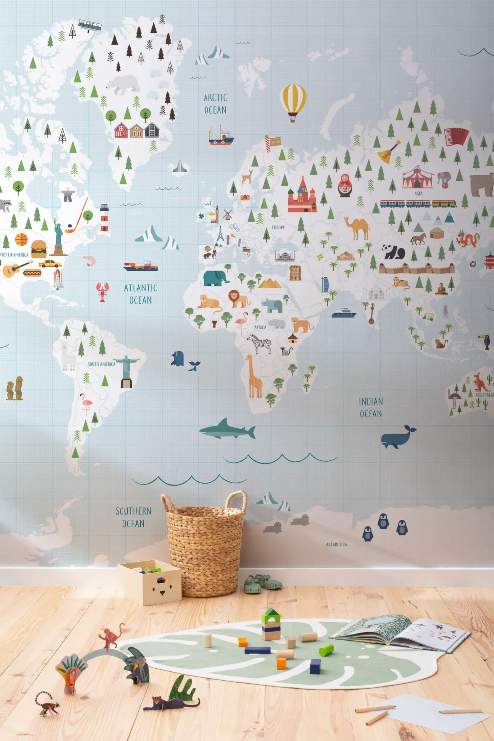 Cartoon Blue Grid Paper World Map Wallpaper Mural