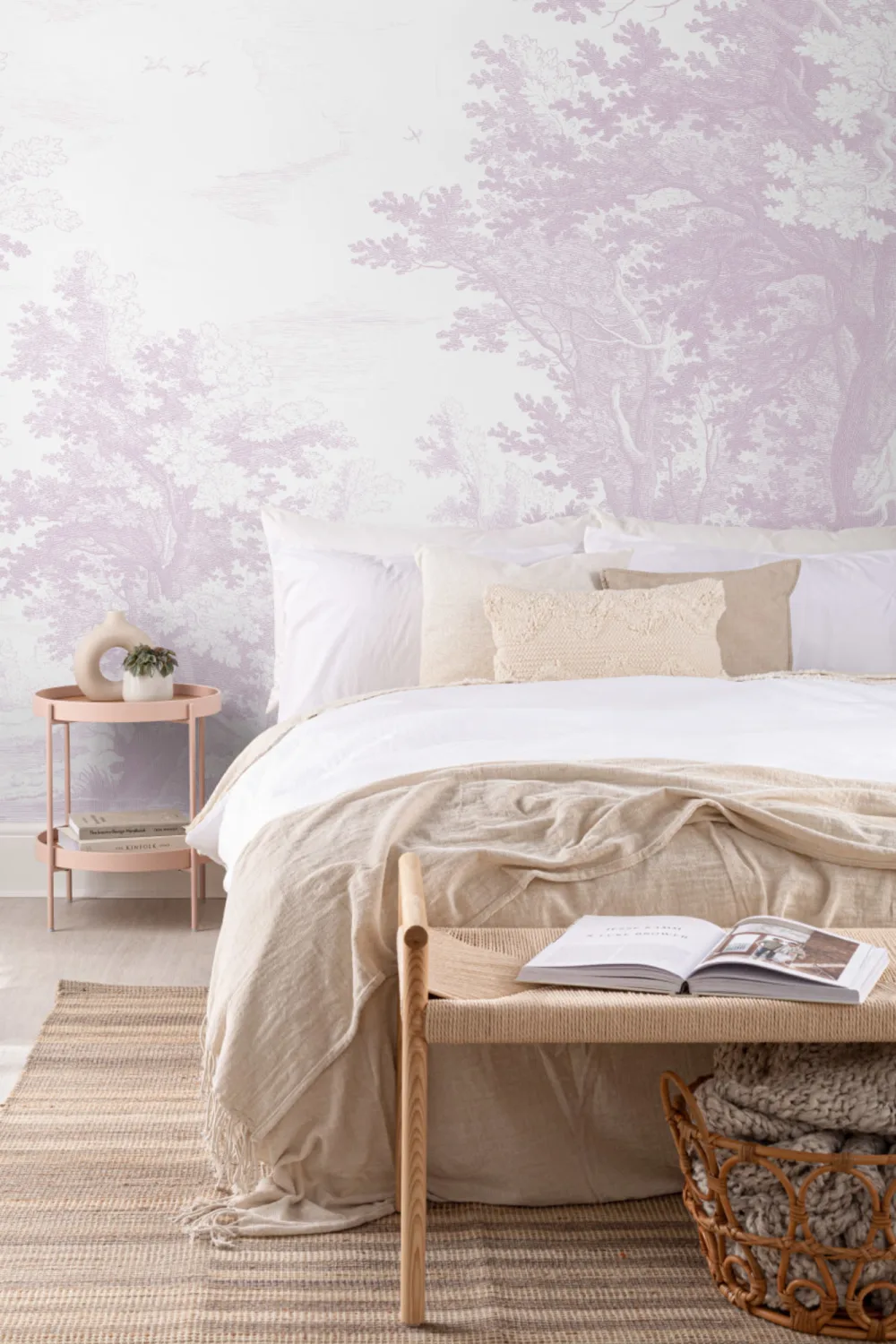 Pink Minimal Forest Illustration Etching Wallpaper Mural