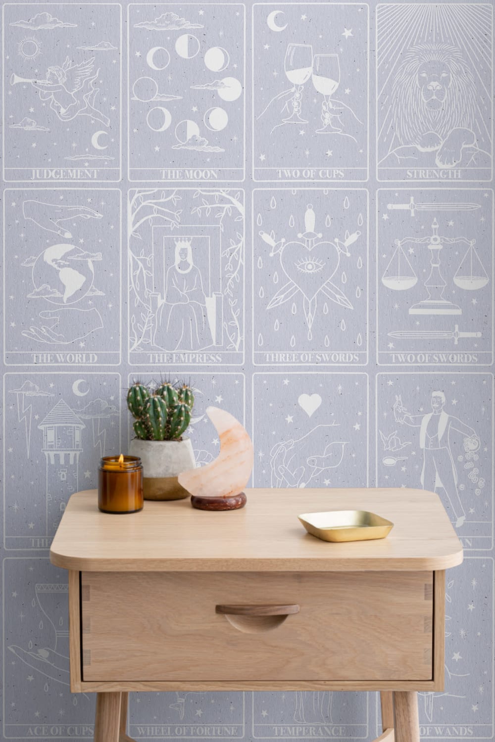 Mural de Papel de Parede com Padrão de Cartas de Tarot em Púrpura Pastel