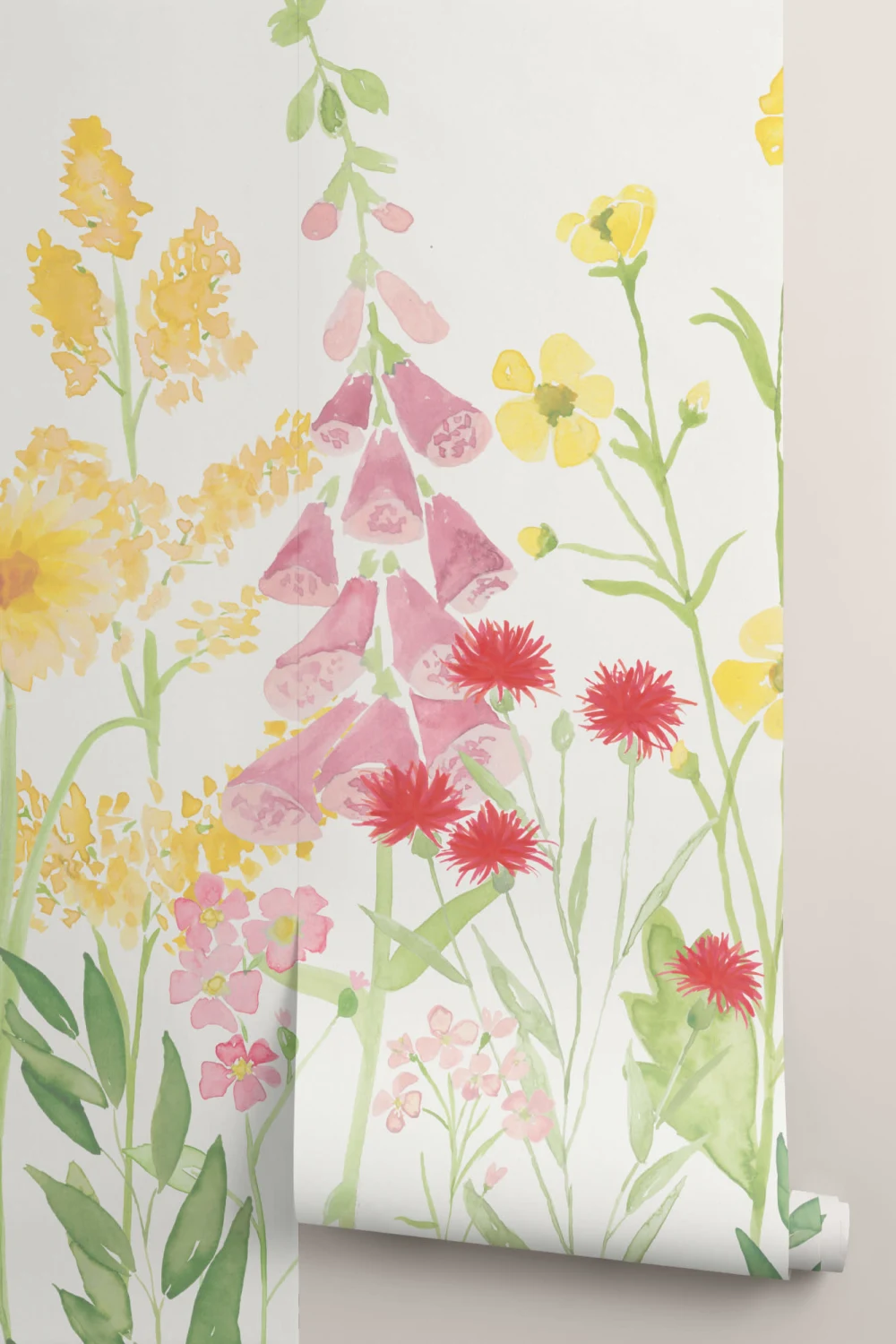 Roz luminos și verde acuarelă Wildflower Wallpaper Mural