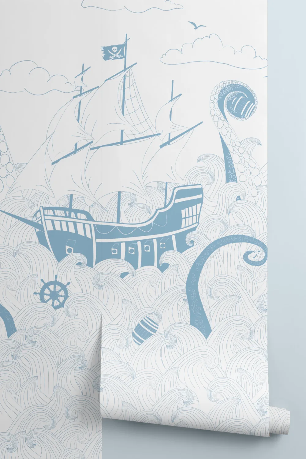Blue & White Pirate Ship Wallpaper Mural