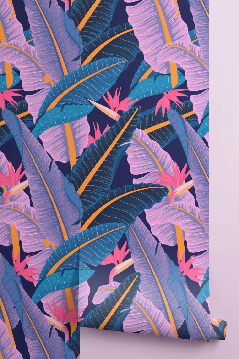 Carta da Parati con Motivi Tropicali Blu di Foglie di Banano