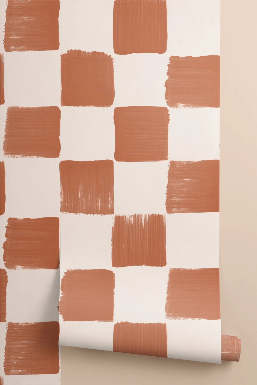 Burnt Orange Hand Painted Checkered Wallpaper