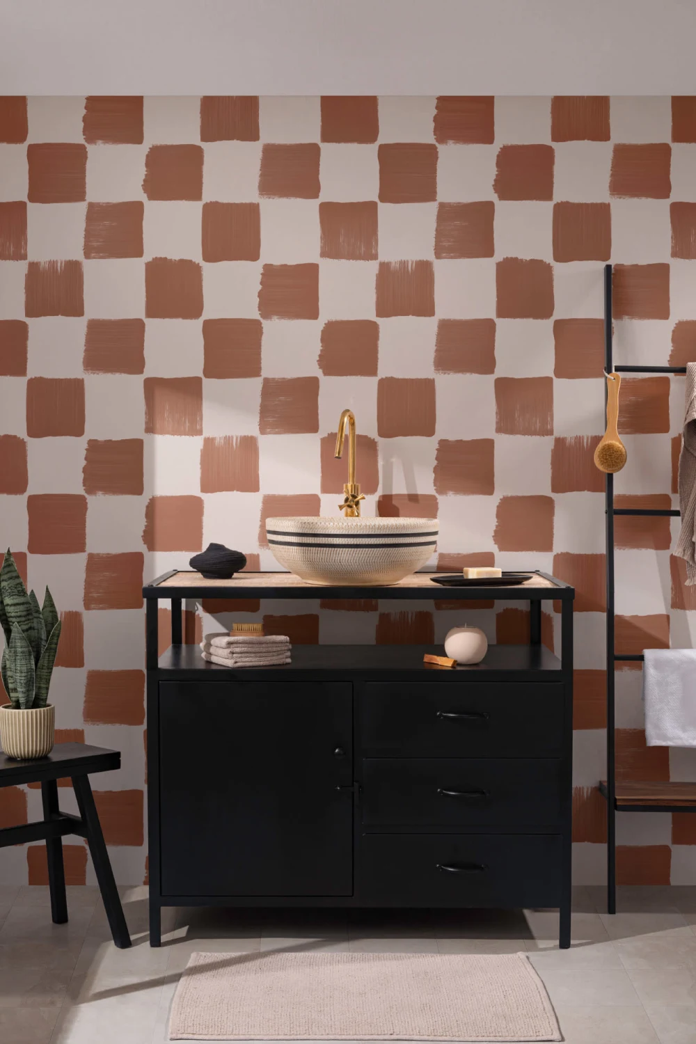 Burnt Orange Hand Painted Checkered Wallpaper