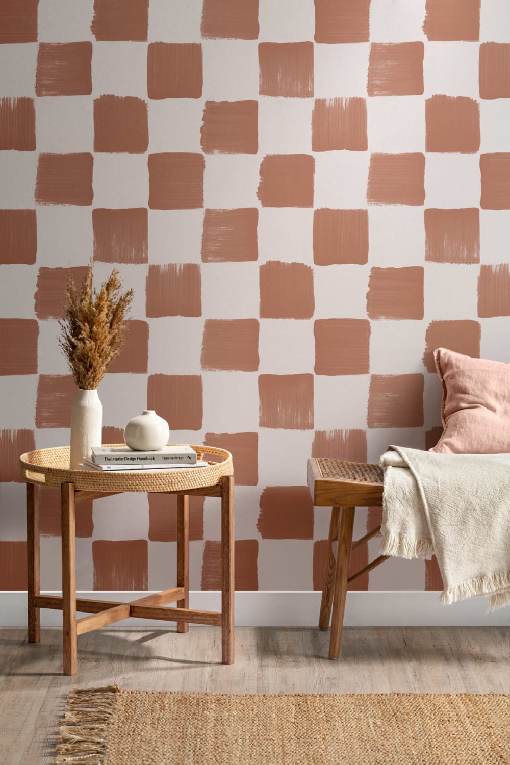Burnt Orange Hand Painted Checkered Wallpaper