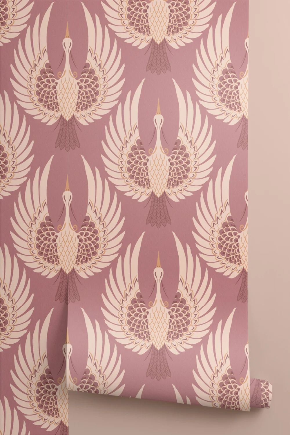 Pink Art Deco Crane Repeat Pattern Wallpaper