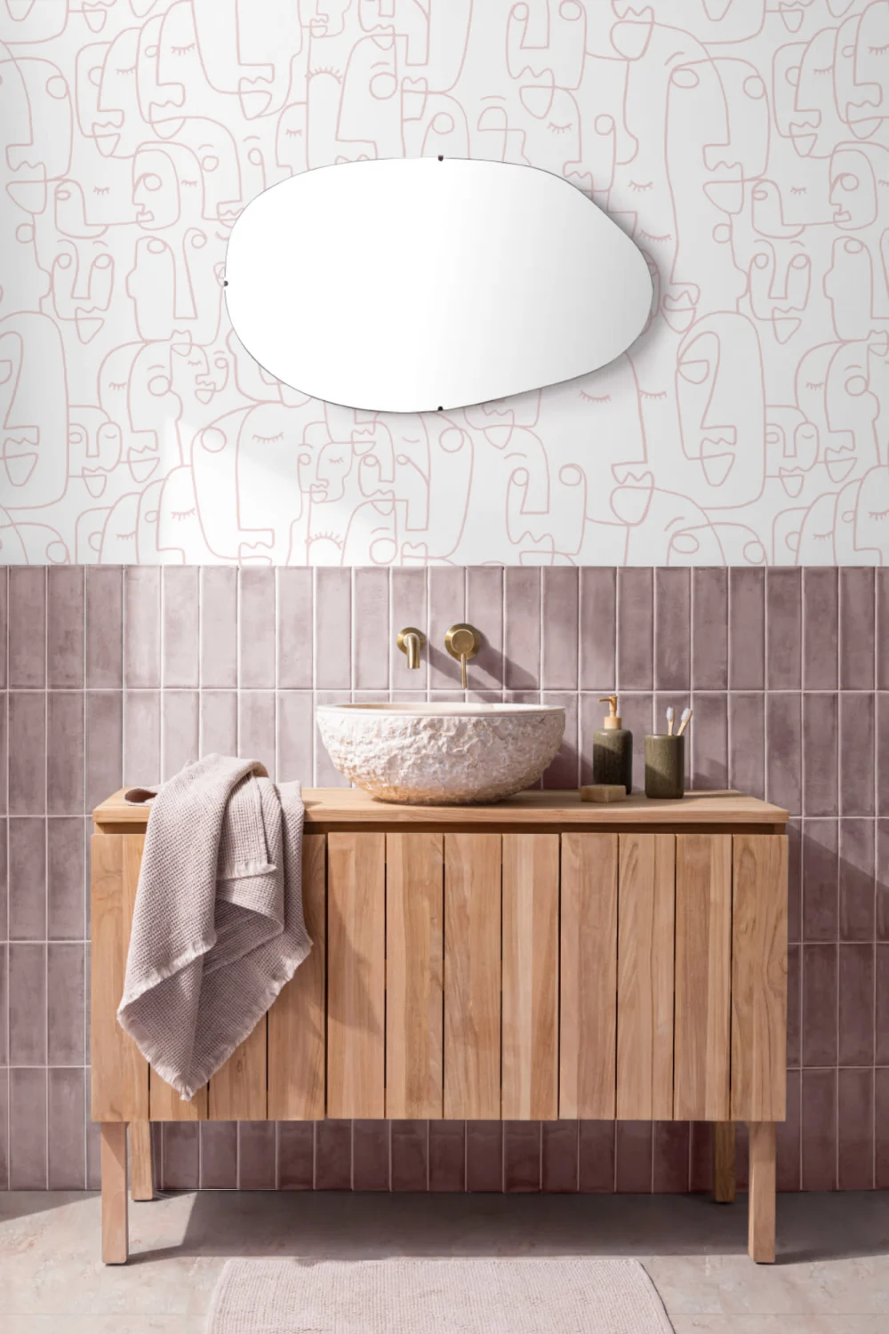 Dusty Pink Line Drawing Face Wallpaper Mural