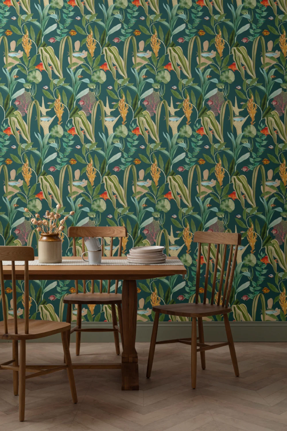 Teal Fish & Plants Coastal Wallpaper