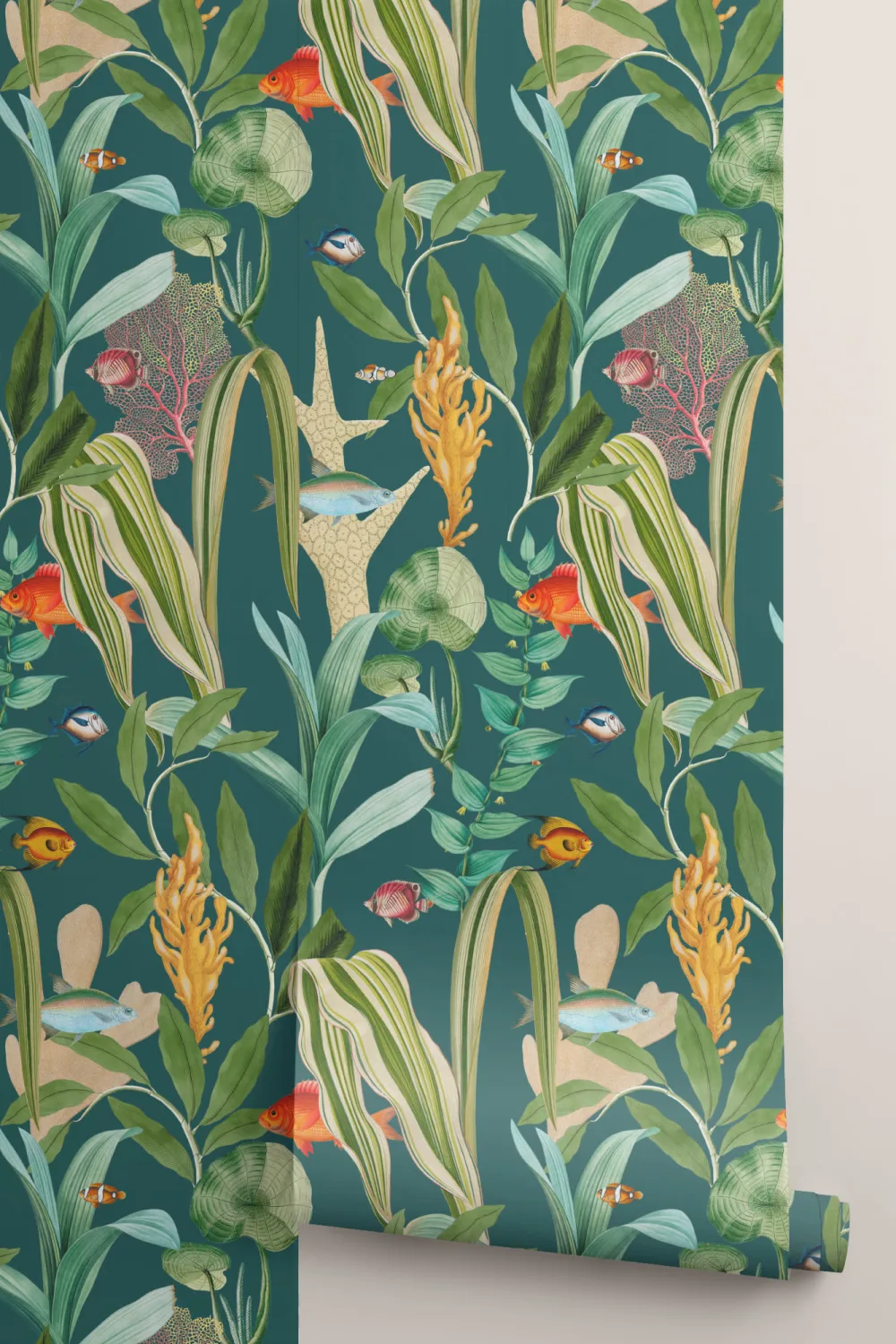 Teal Fish & Plants Coastal Wallpaper