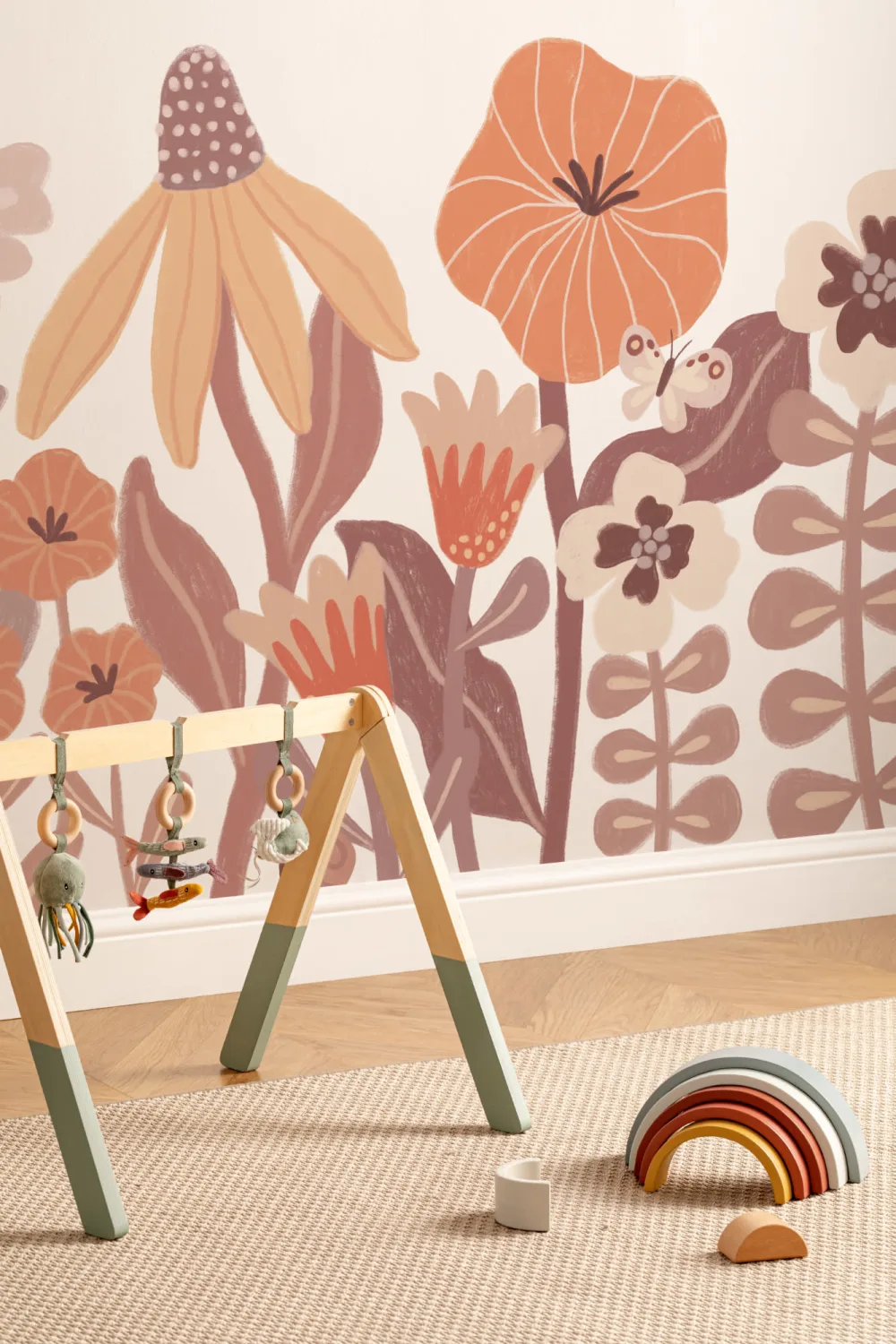 Copii portocalii  Murală retro cu flori scandinave