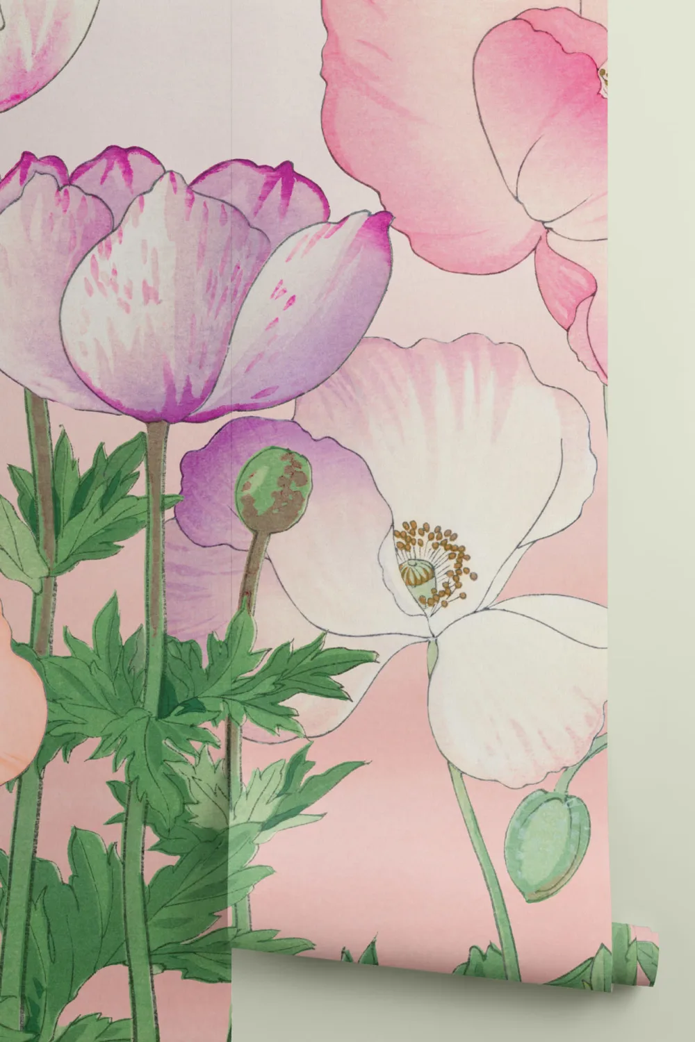 Pink Poppy Japanese Watercolor Floral Mural