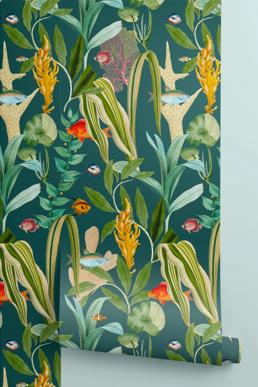 Teal Fish & Plants Coastal Wallpaper