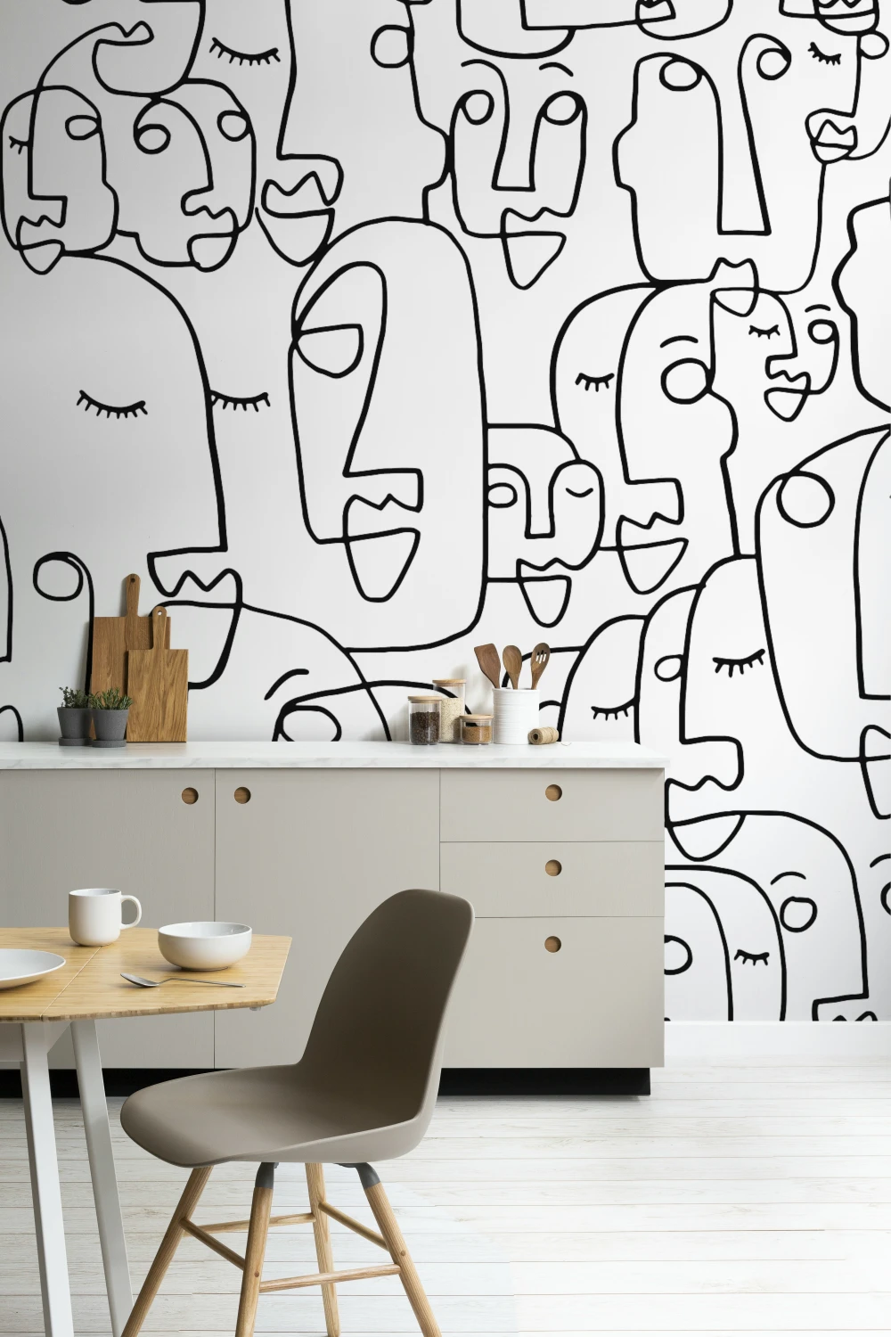 Mural de parede de desenho de linhas de rosto grande