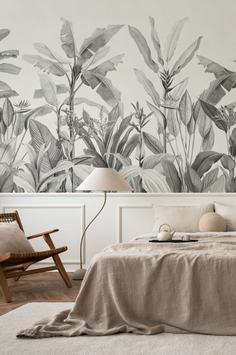 Grayscale Vintage Tropical Plants Wallpaper Mural