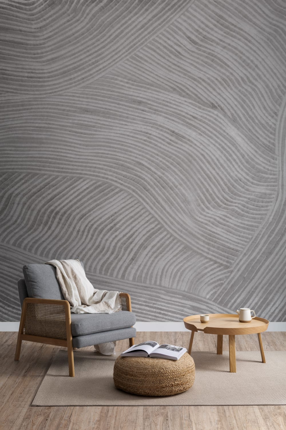 Papel pintado de formas curvas grises