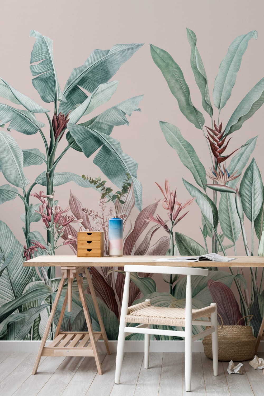 Pastel Pink & Green Vintage Tropical Wallpaper Mural