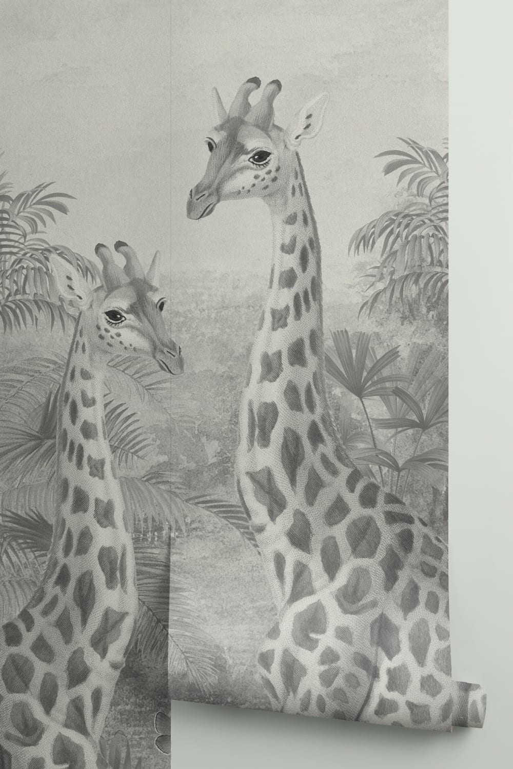 Murală cu ilustrație cu girafe tropicale de epocă gri