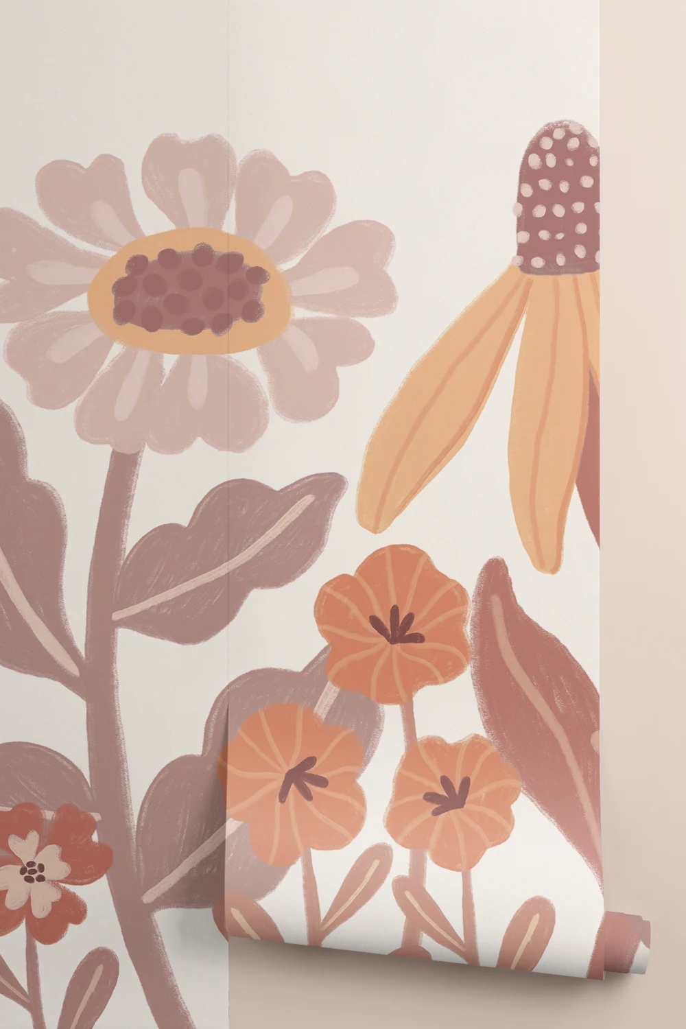 Copii portocalii  Murală retro cu flori scandinave