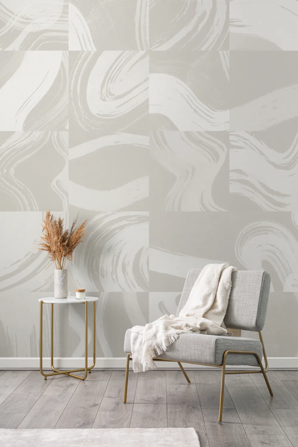 Beige Tiled Abstract Ink Shapes Mural