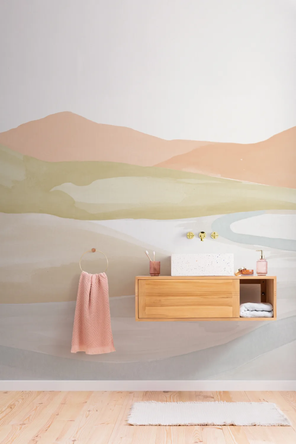 Orange Watercolor Valley Landscape Mural