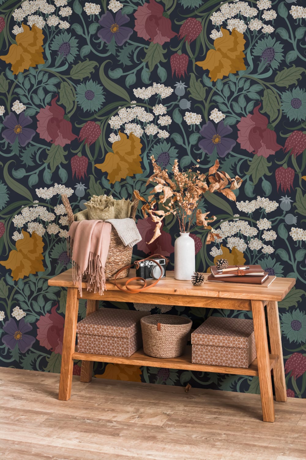 Vintage Colourful Dark Floral Repeat Pattern Wallpaper
