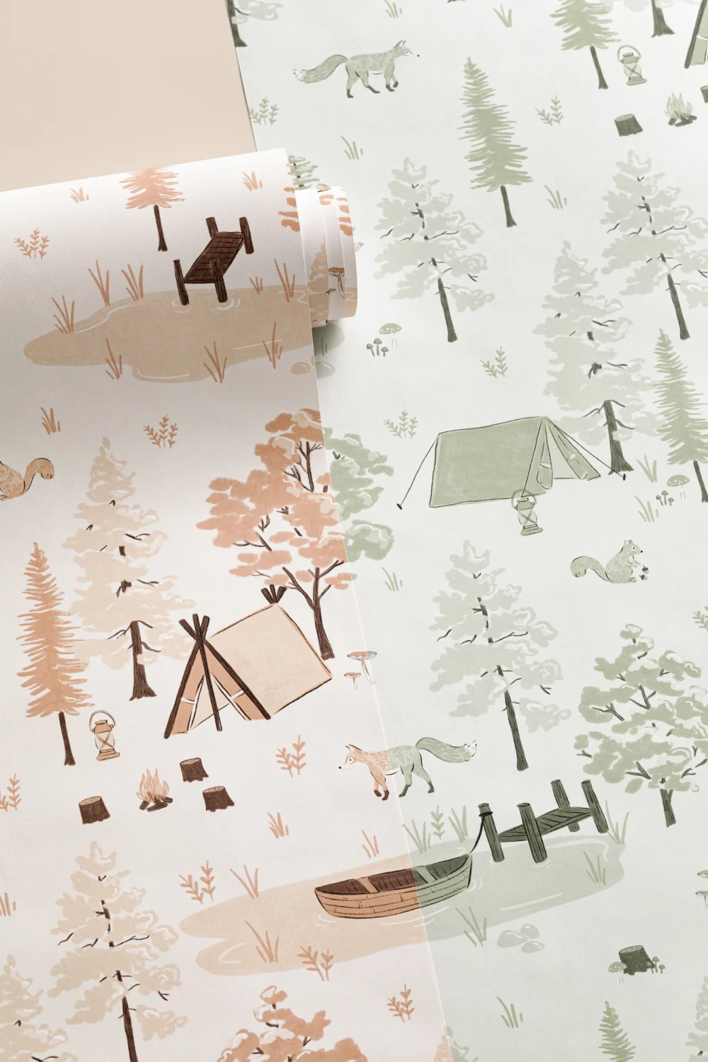 Green Woodland Camping Repeat Pattern Wallpaper