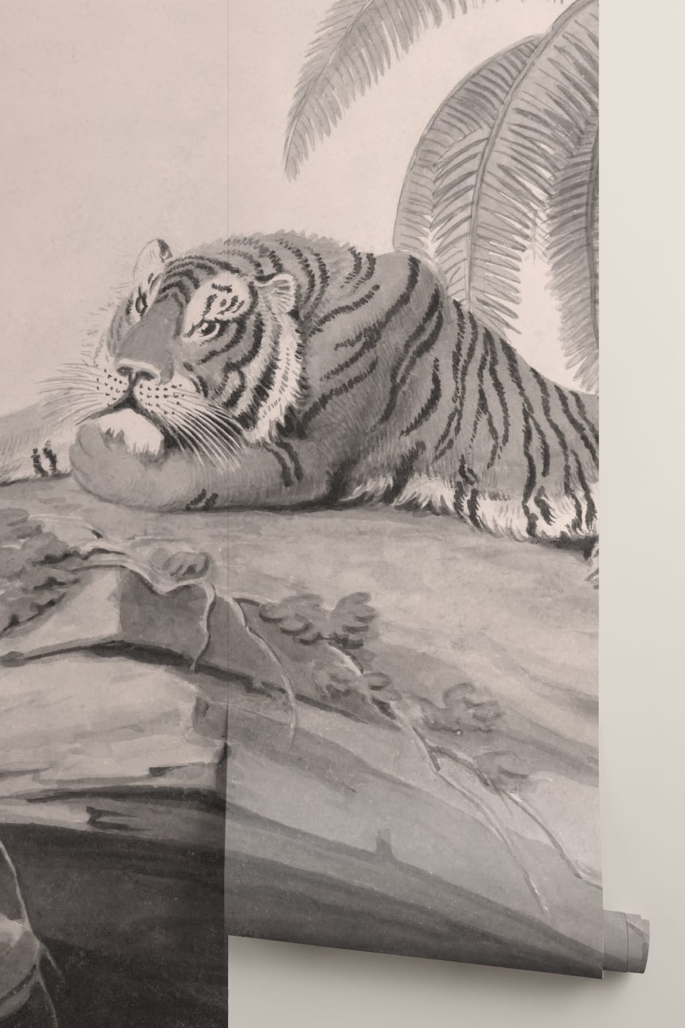Grey Illustrated Tropical Landscape Tiger Mural