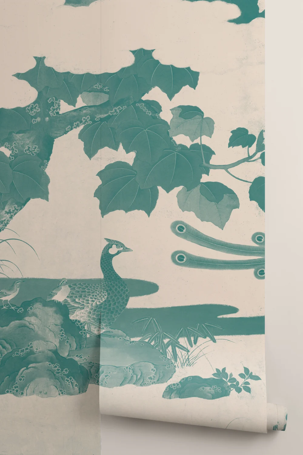 Teal Illustrated Japanese Peacock Mural