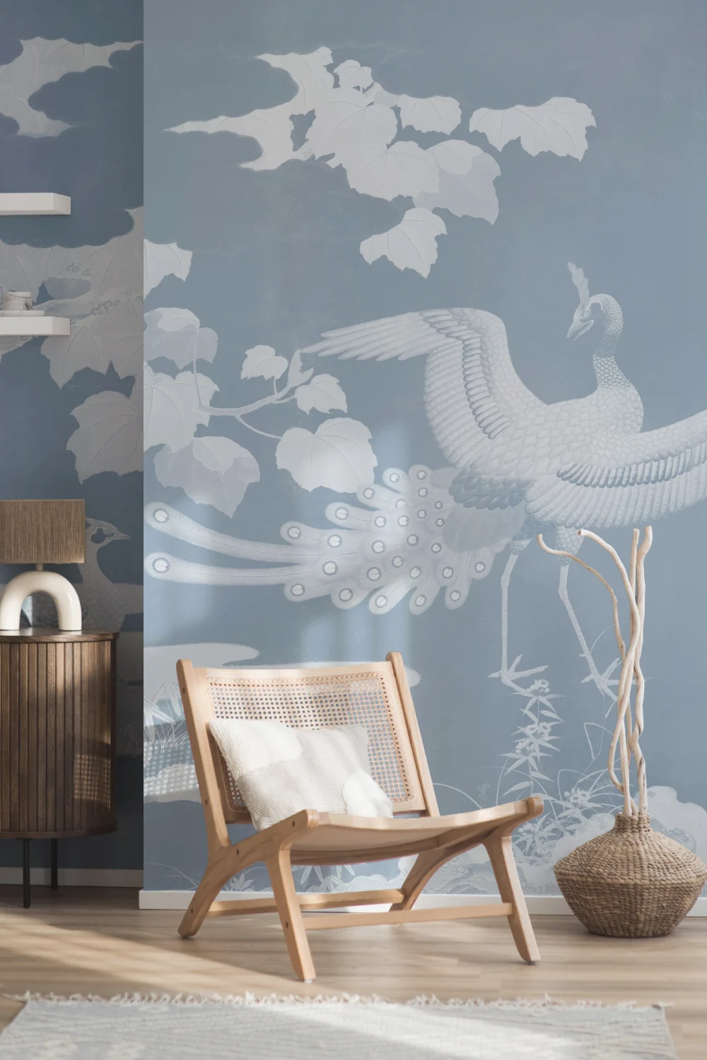 Blue Illustrated Japanese Peacock Mural