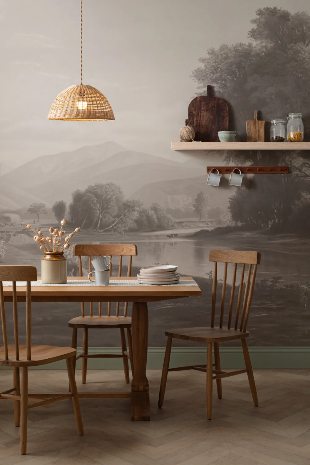 Gray American Landscape Painting Mural
