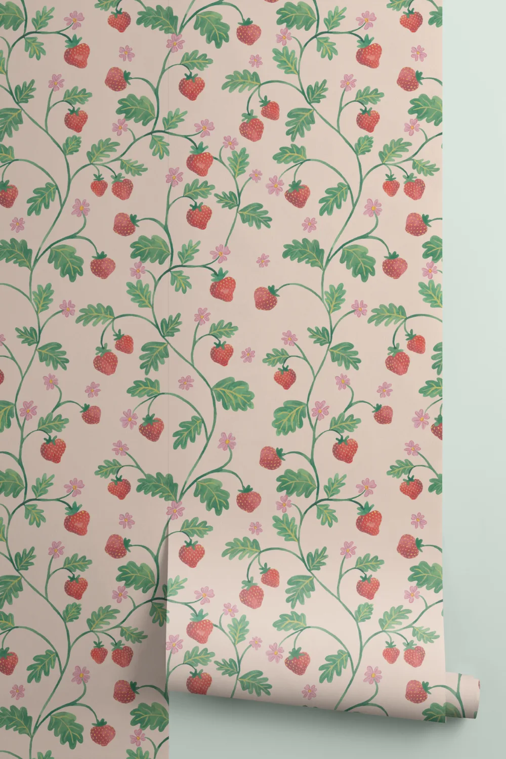 Papel de parede Beige Vintage Watercolor Strawberry & Foliage