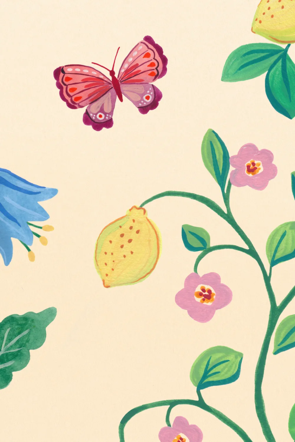 Yellow Whimsical Climbing Botanicals Mural