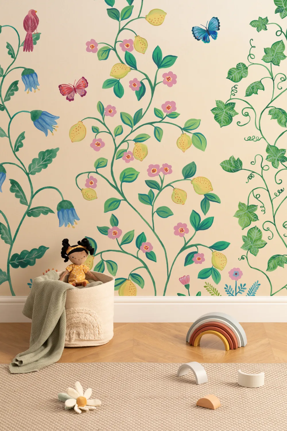 Yellow Whimsical Climbing Botanicals Mural