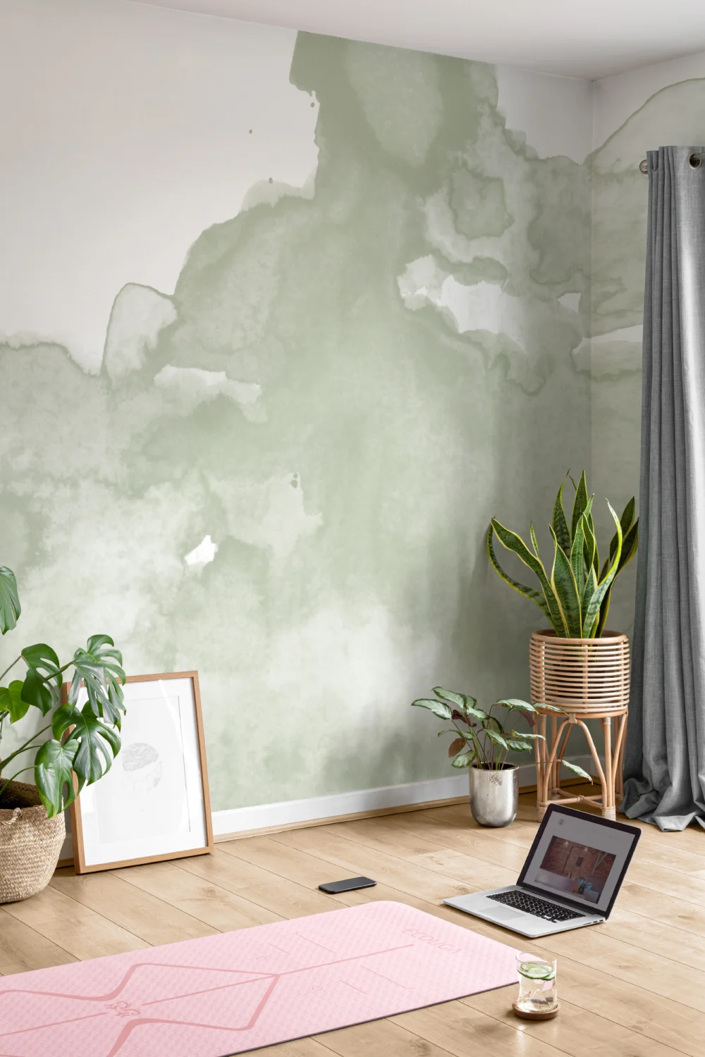 Salvie verde Abstract acuarelă Wallpaper Mural