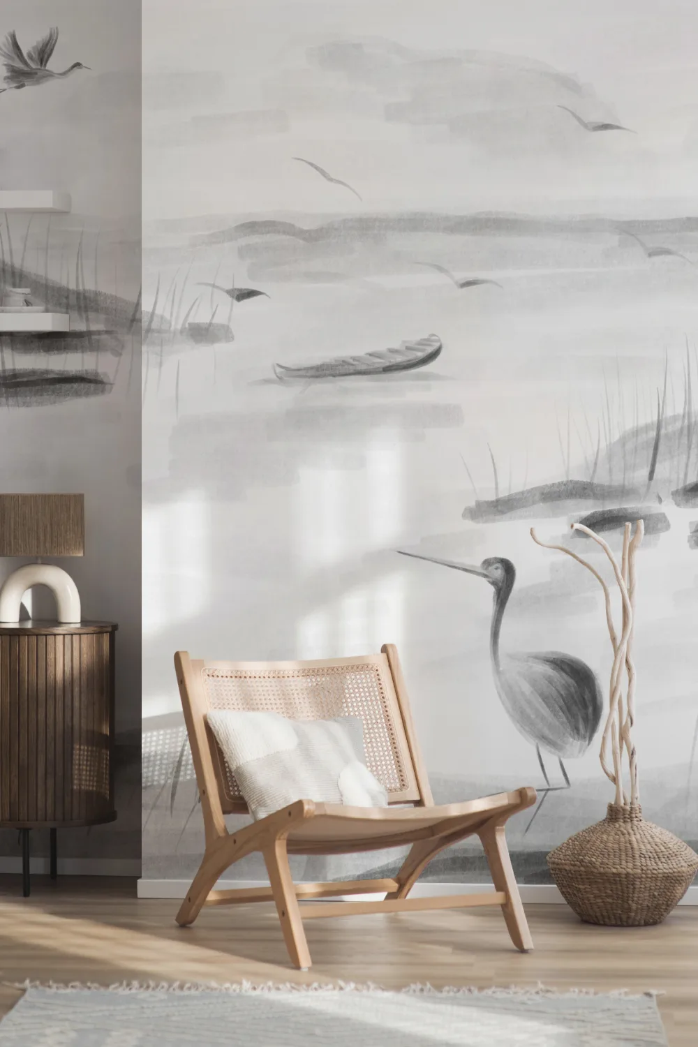 Traditional Chinese Black & White Ink Lake Wallpaper Mural