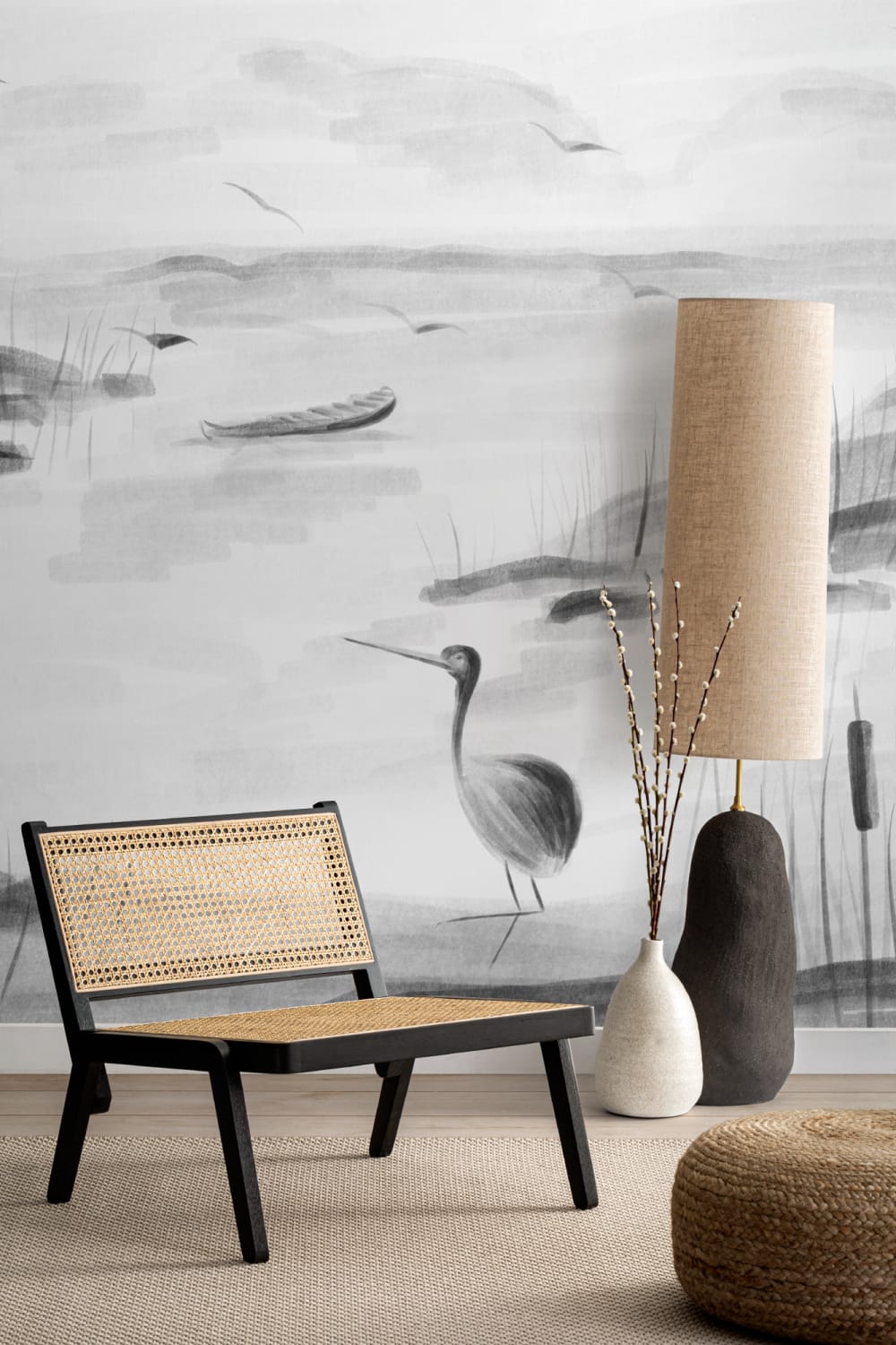 Traditional Chinese Black & White Ink Lake Wallpaper Mural