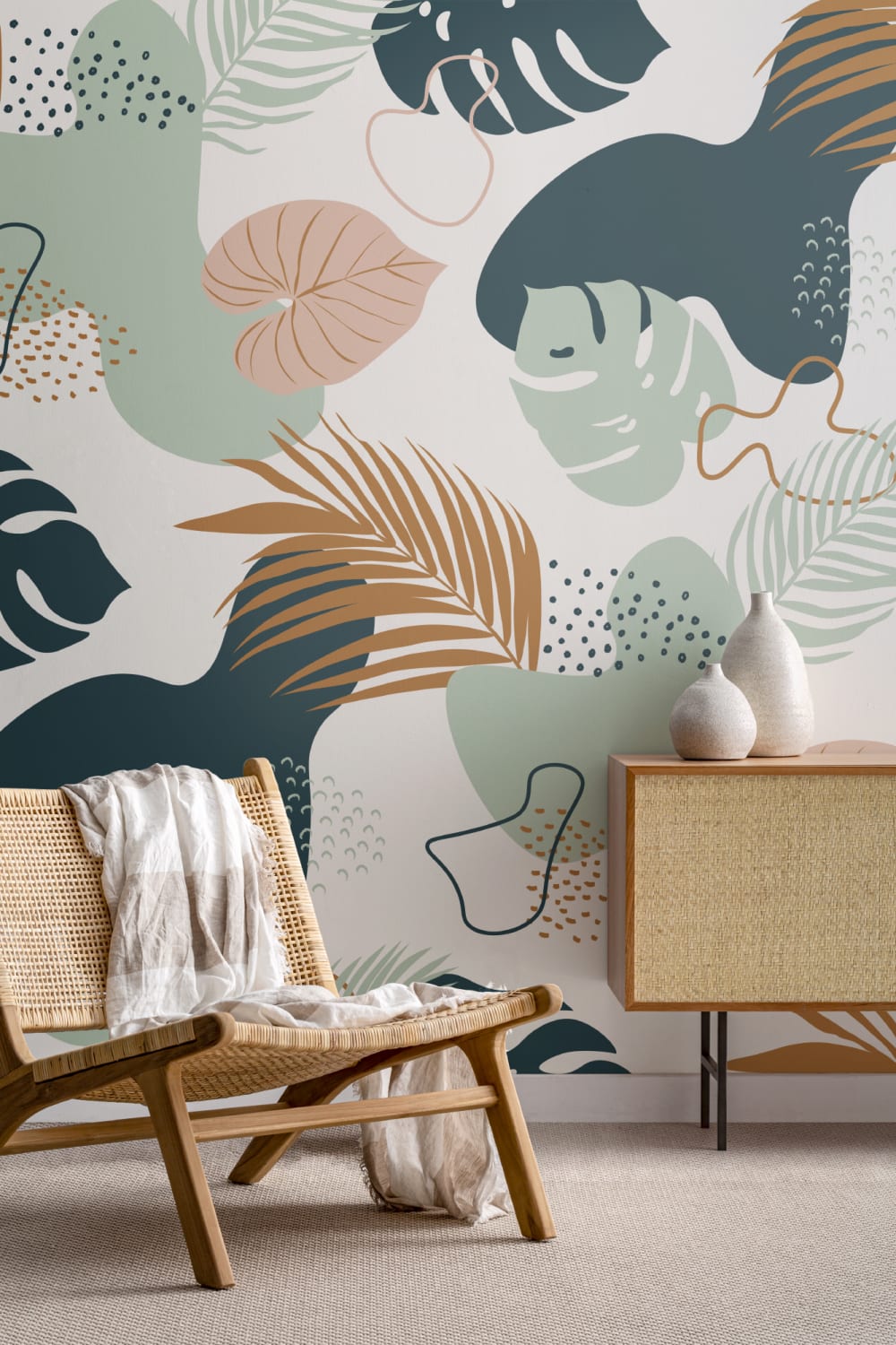 Modern Groen & Neutraal Tropisch Bladcollage Patroon Behang Muurschildering