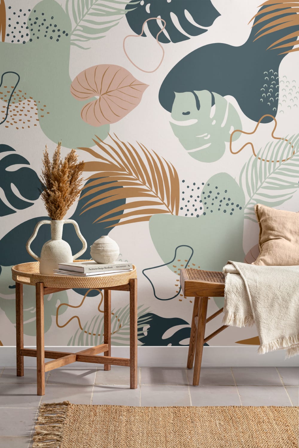 Modern Groen & Neutraal Tropisch Bladcollage Patroon Behang Muurschildering