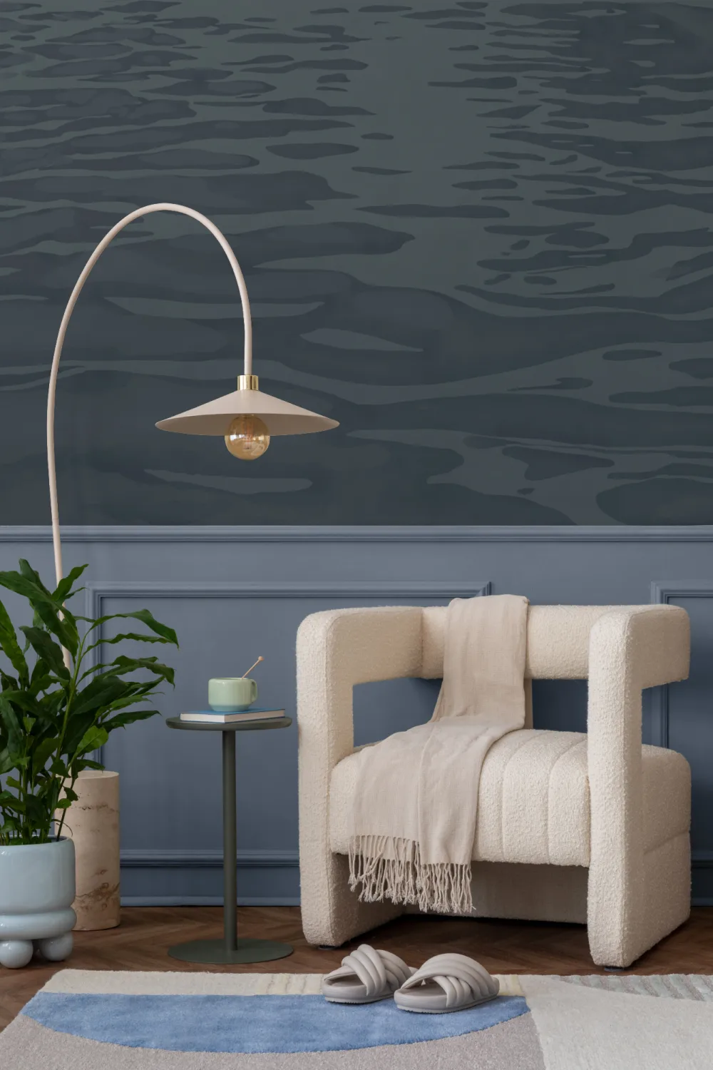 Marinblå handmålad vatten Ripple Mural-tapeter