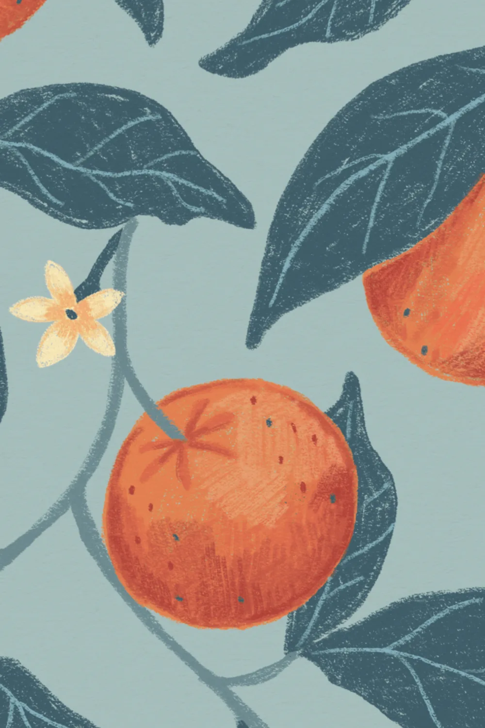 Blue Botanical Oranges Mural