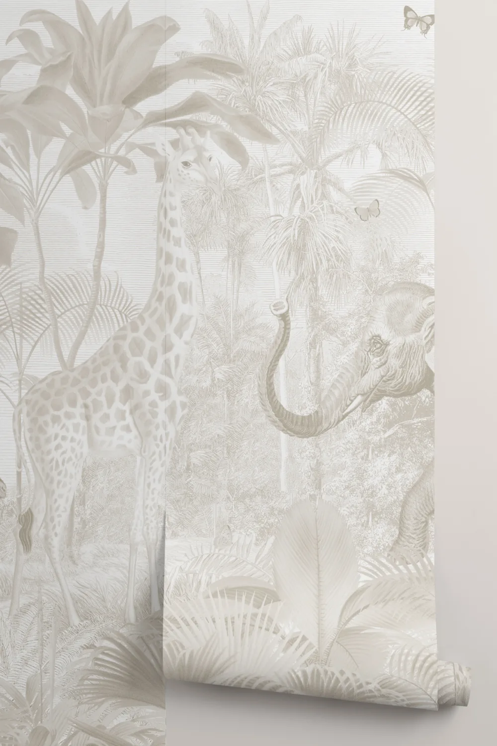 Neutral Asian Jungle Animals Watercolor Mural