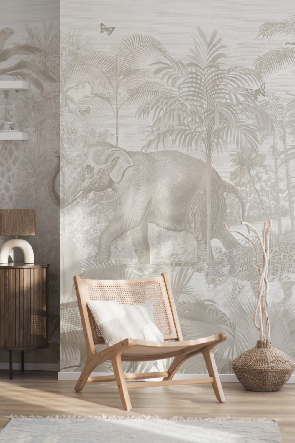 Neutral Asian Jungle Animals Watercolor Mural
