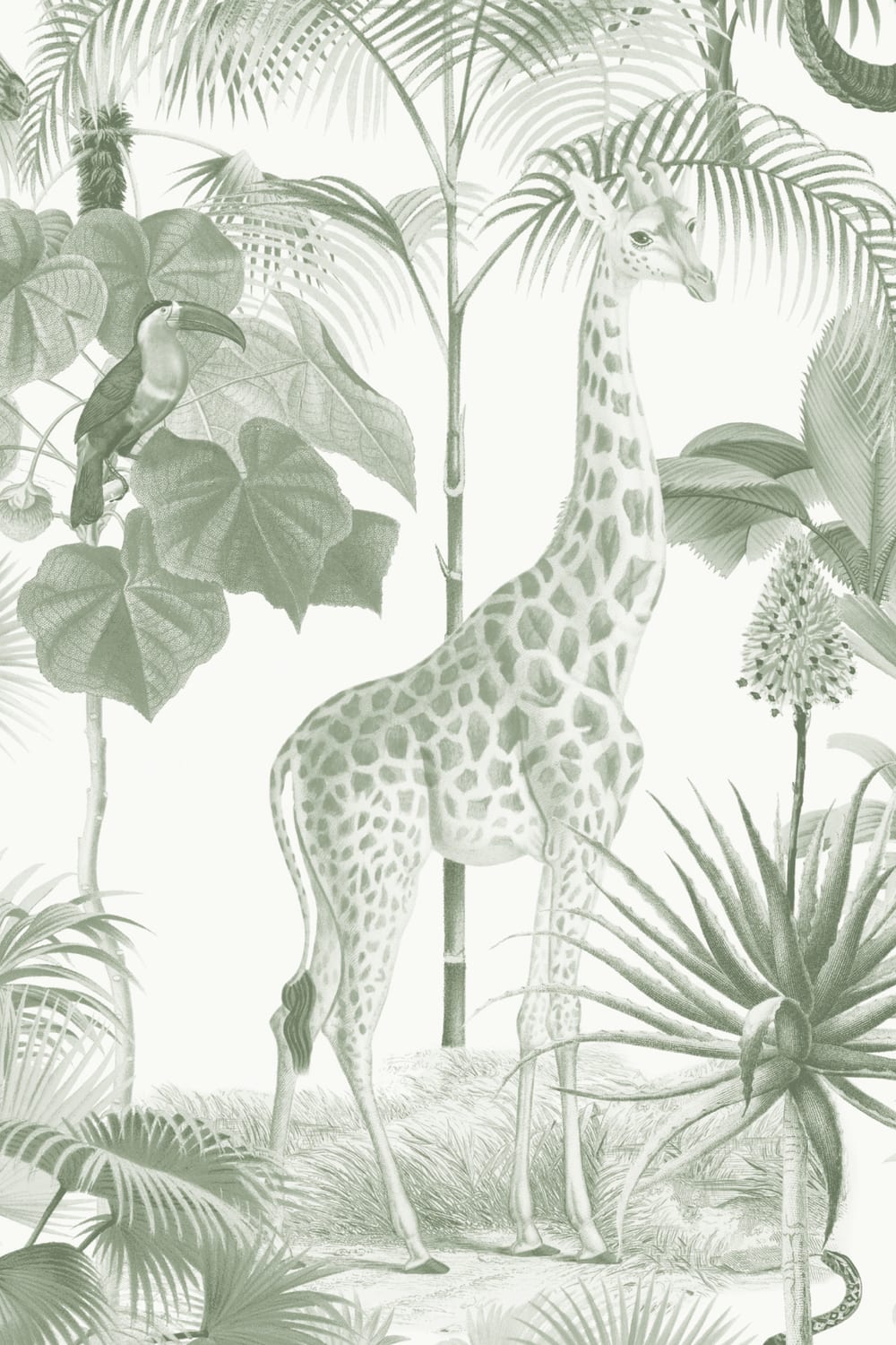 Carta da parati verde tropicale tonale con animali della giungla