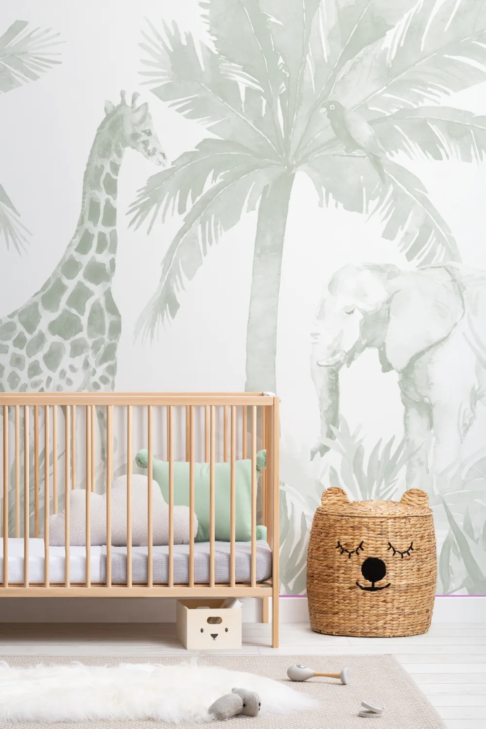 Mural de papel de parede do berçário da selva em aguarela verde