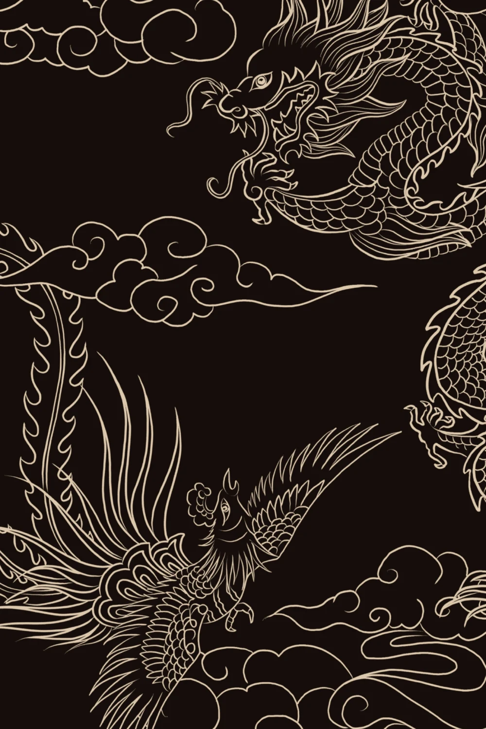 Dark Chinese Dragon and Phoenix Outline Wallpaper