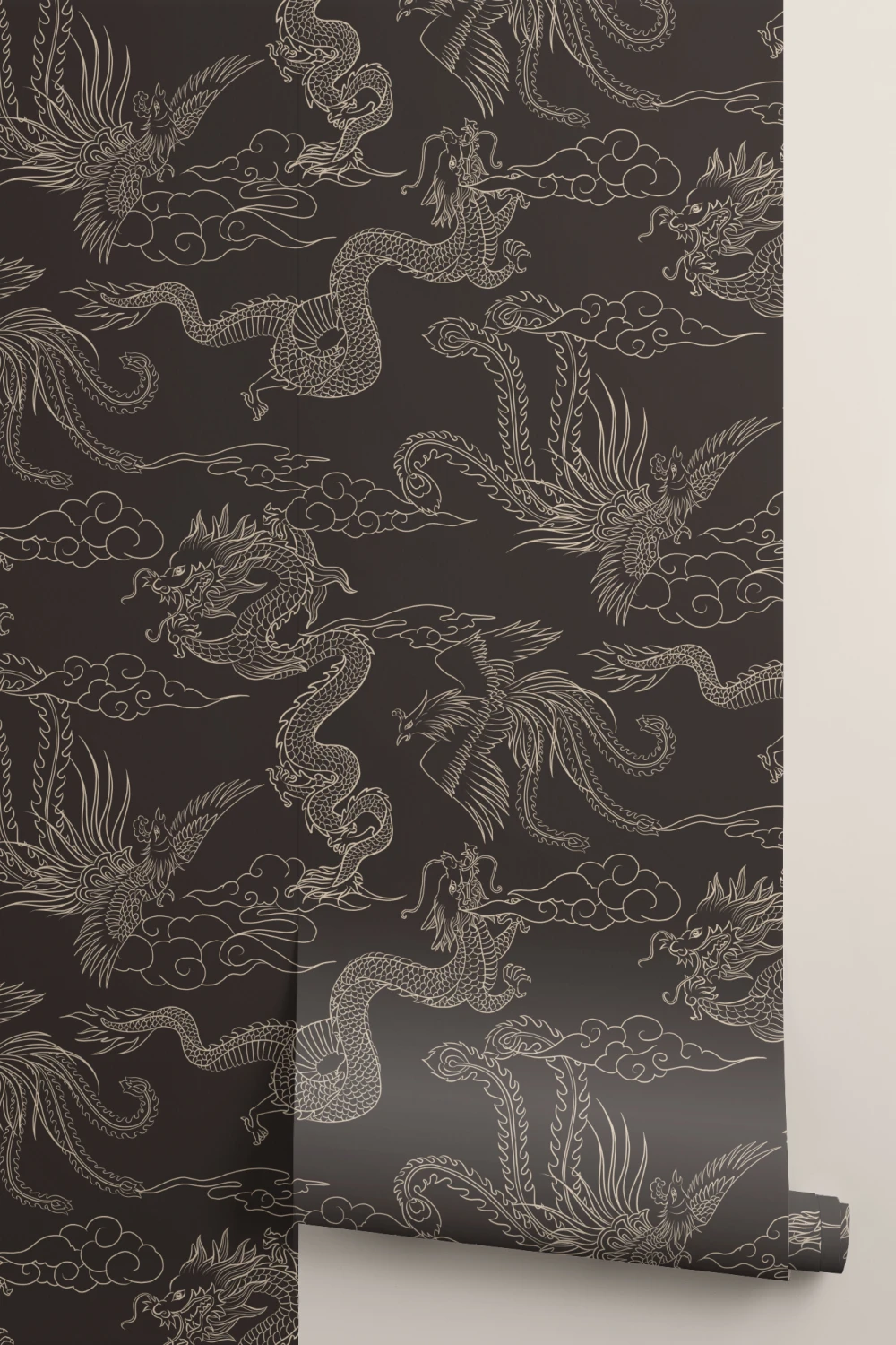 Dark Chinese Dragon and Phoenix Outline Wallpaper