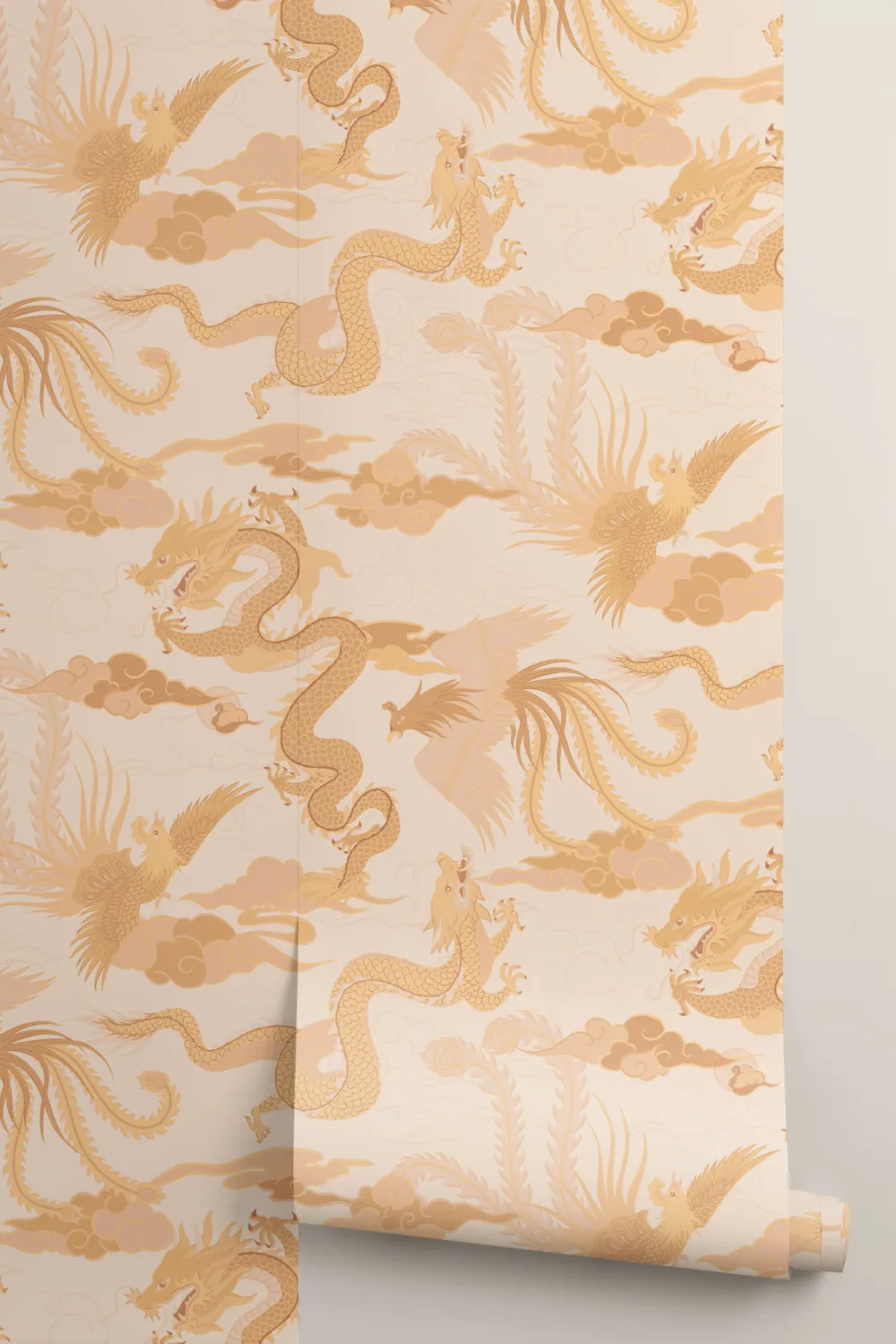 Papier peint or du dragon chinois et du phénix