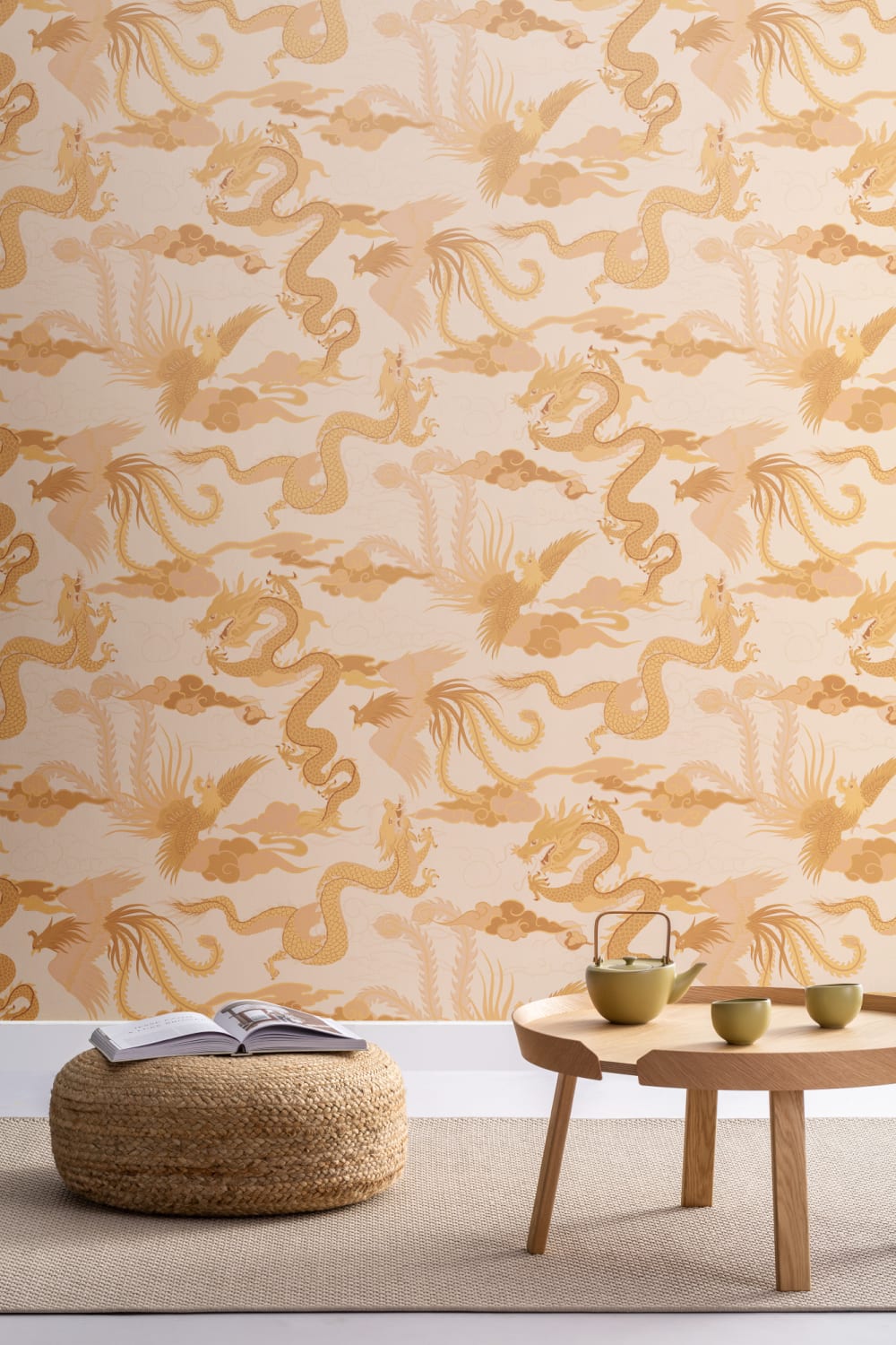 Papier peint or du dragon chinois et du phénix