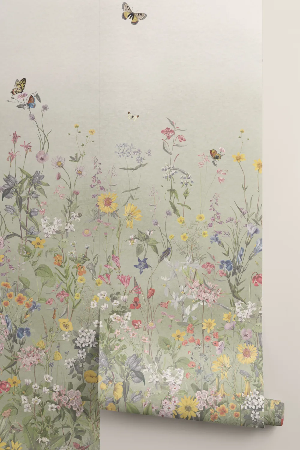 Mural de flores silvestres e borboletas verde Ombre