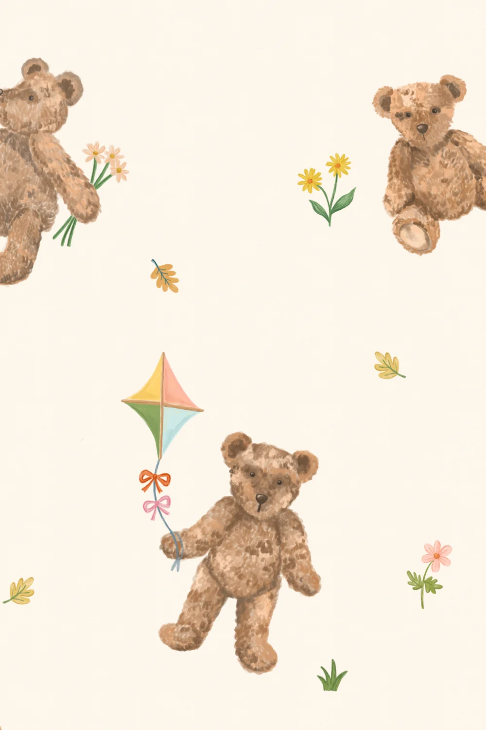 Beige Kids Cute Teddy Motif Wallpaper